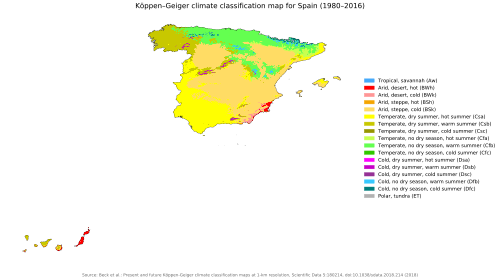Mapa classificació de climes K?ppen Geiger de la Península Ibèrica, Illes Balears i Illes Canàries