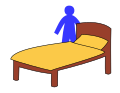 Bild 8) Der Mann steht hinter dem Bett.