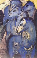 Вежа син?х коней; Франц Марк; 1912 р.; туш ? гуаш на картон?; 14,3 x 9,4 см; Баварськ? державн? колекц?? картин (Мюнхен, Н?меччина)[260]