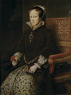 安东尼斯·莫尔的《玛丽一世肖像画》（Retrato de la reina María Tudor），109 × 84cm，约绘于1554年，来自查理五世的收藏[34]